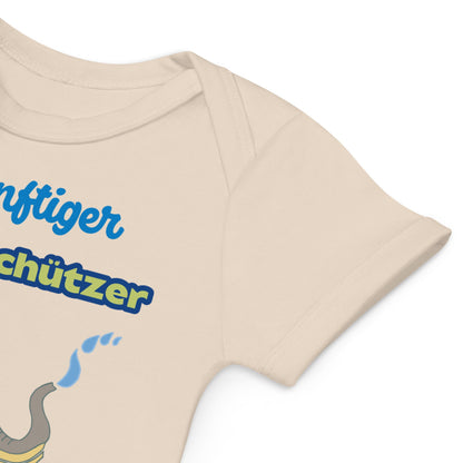 Soft and stretchy envelope neckline for easy dressing of beige baby onesie with blue text and graphic.