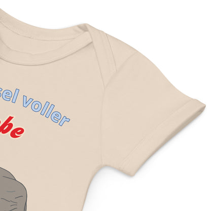 Quality stitching on the sleeves of the natural color organic cotton baby bodysuit with elephant design.