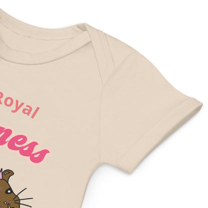 Natural-colored bodysuit sleeve close-up with guinea pig design, highlighting quality cotton material.