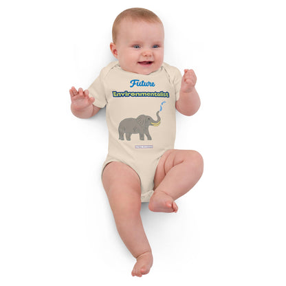 Baby Girl wearing natural organic bodysuit with eco slogan and elephant illustration by Anke Wonder.