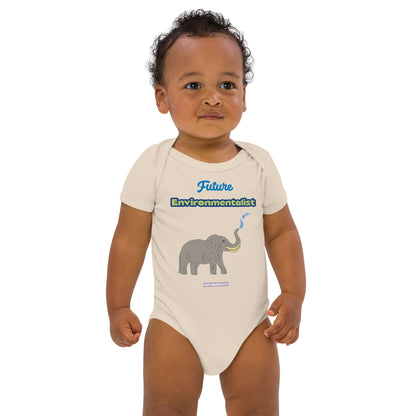 Baby boy wearing natural organic bodysuit with eco slogan 'Future Environmentalist' and elephant illustration.