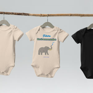 Natural bodysuits displayed on a  hanger with elephant graphic and the words 'Future Environmentalist' by Anke Wonder.
