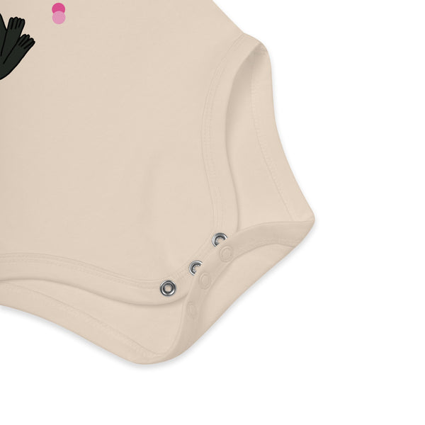 Detail of bottom snap closures made from nickel-free metal of natural colored baby bodysuit bunny with rose and decorative pink dots around the “My First Rose for You” print.