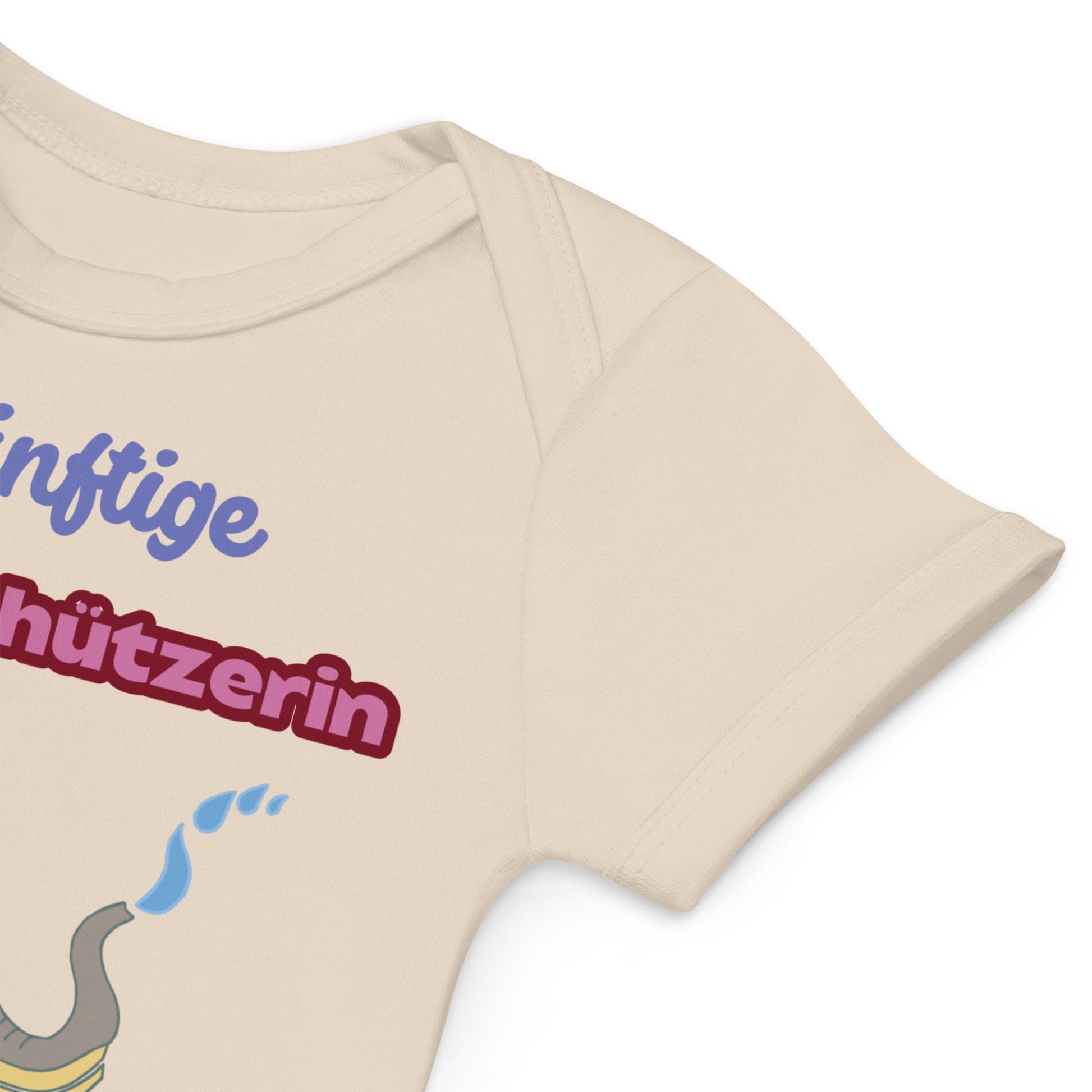 Soft and stretchy envelope neckline for easy dressing of natural colored baby bodysuit.