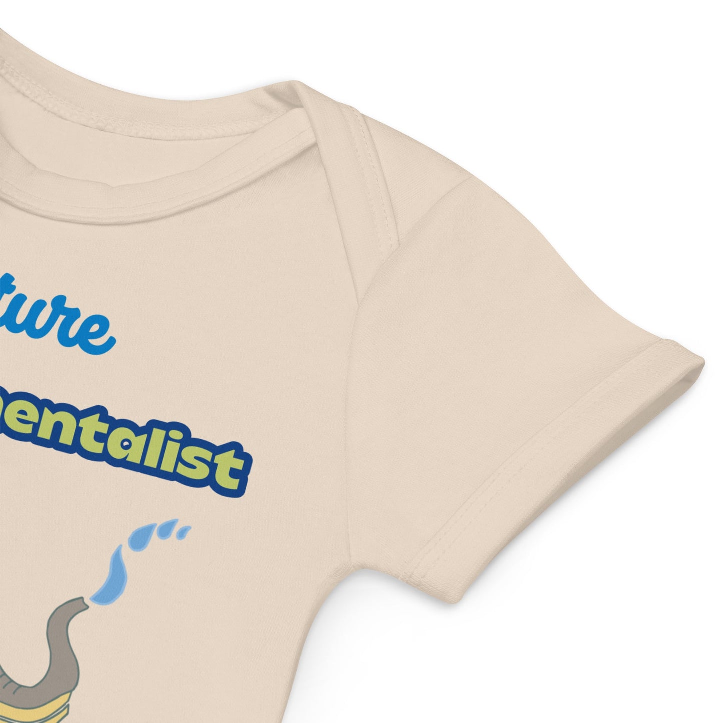 Soft, stretchy envelope neckline for easy dressing of natural baby bodysuit by Anke Wonder.