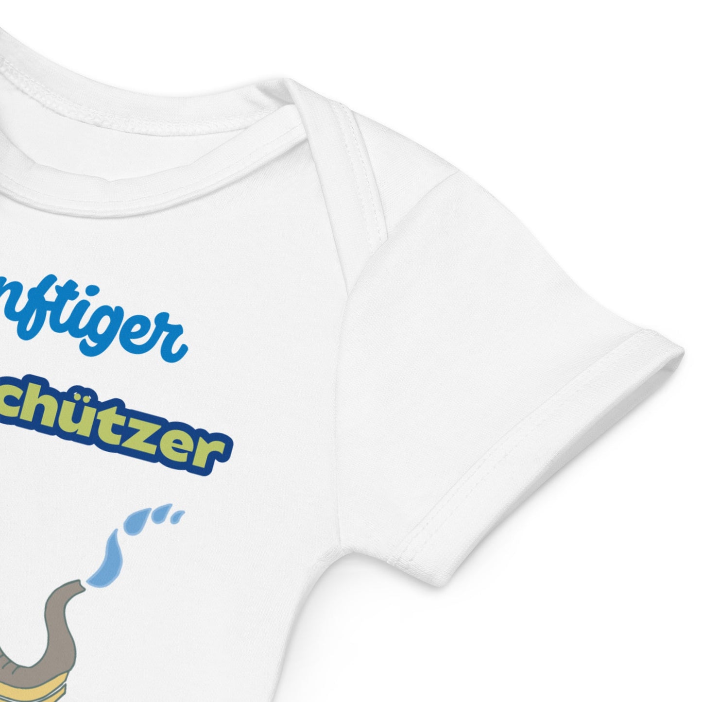 Soft and stretchy envelope neckline for easy dressing of white baby onesie with blue text and graphic.