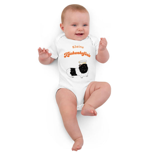 Baby Girl wearing a soft, breathable organic cotton baby bodysuit in white, featuring a chef-themed guinea pig illustration.