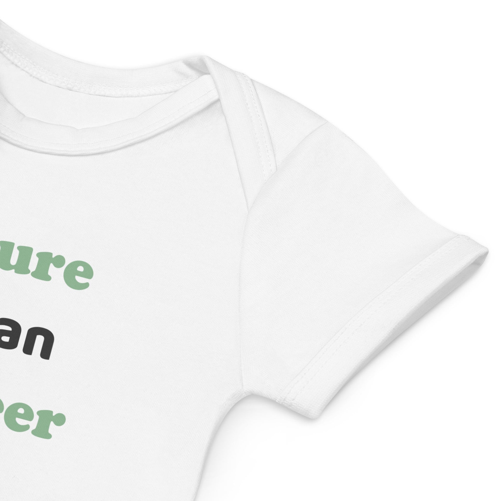 A detailed close-up of the sleeve of a white organic cotton baby bodysuit, showing its soft texture and high-quality stitching.