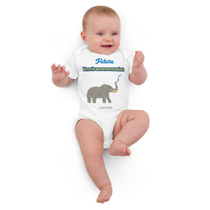 Baby girl wearing white organic bodysuit with eco slogan and elephant illustration by Anke Wonder.