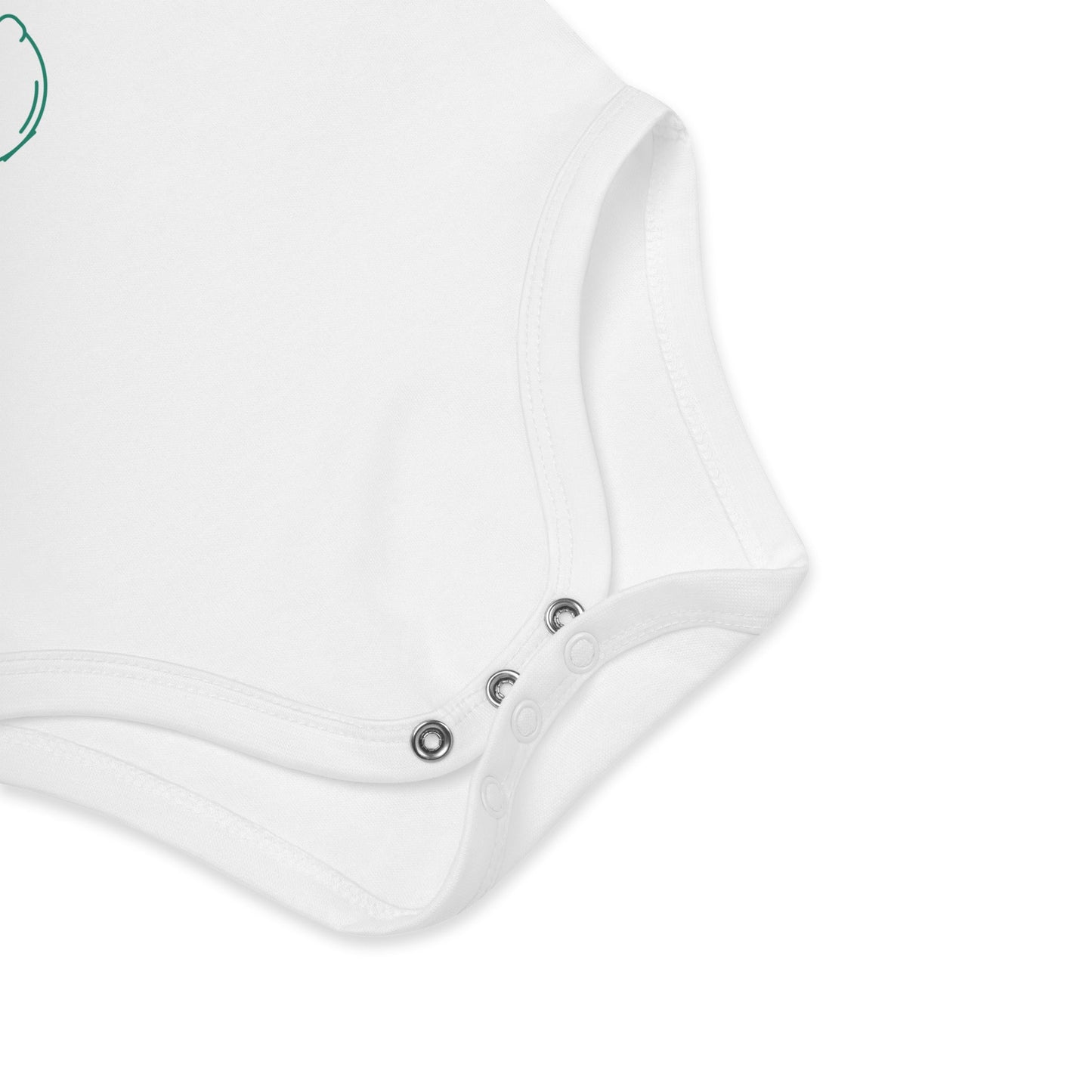A close-up of the snap fasteners on a white organic cotton baby bodysuit , showcasing the sturdy, nickel-free metal snaps.