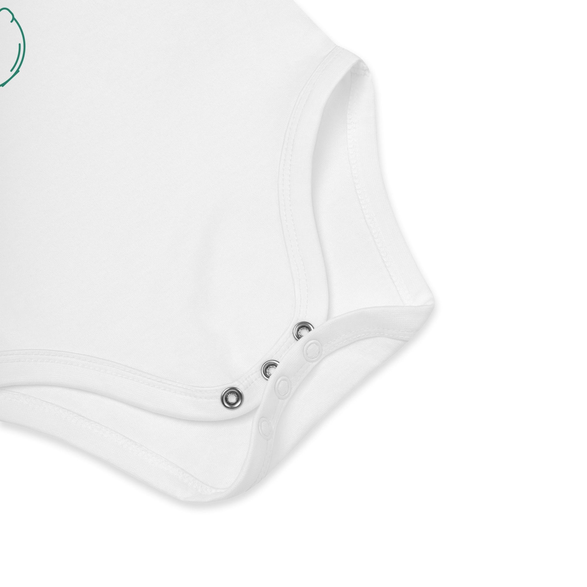 A close-up of the snap fasteners on a white organic cotton baby bodysuit , showcasing the sturdy, nickel-free metal snaps.