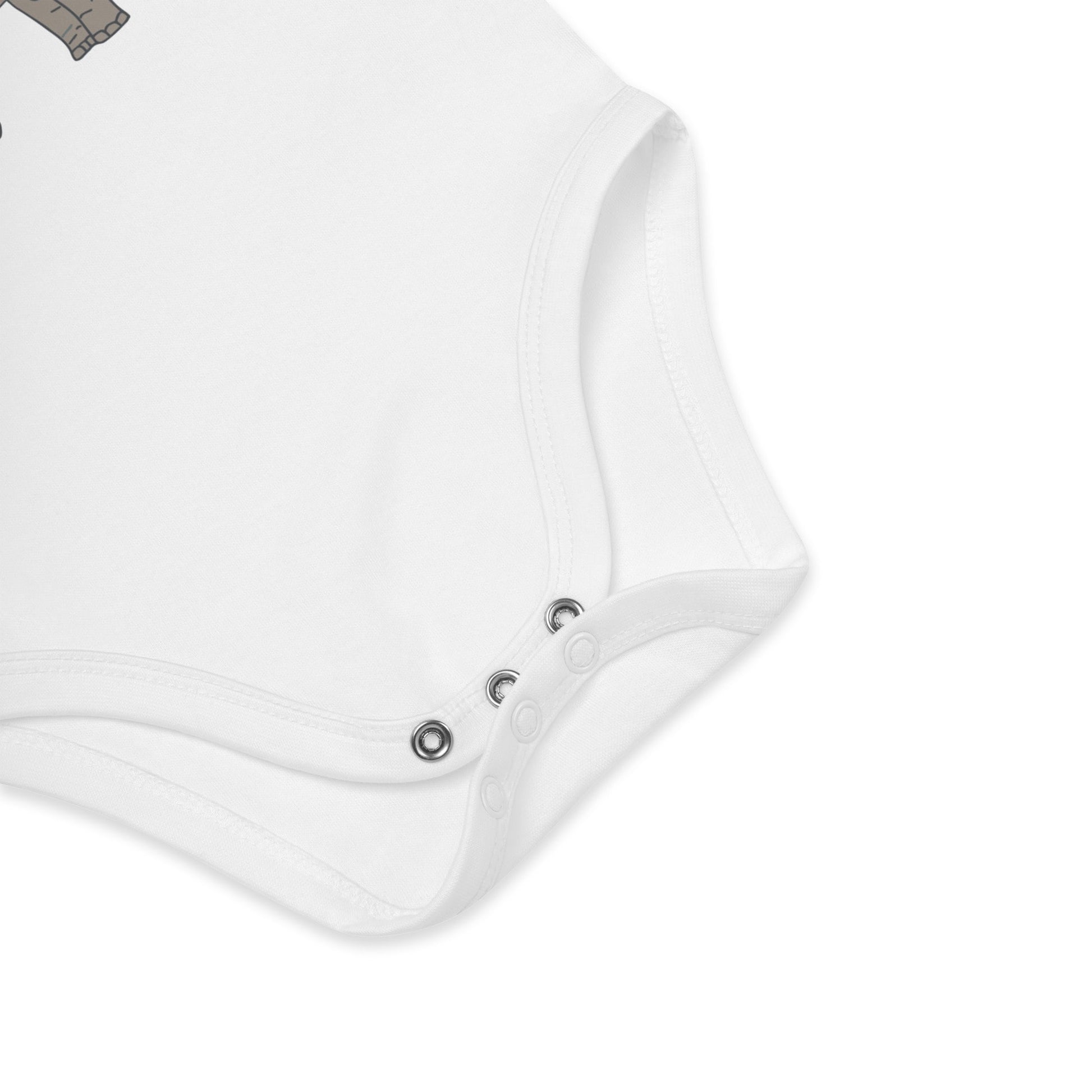 Nickel-free, secure snap fasteners for easy diaper changes on white organic cotton baby bodysuit with elephant design.