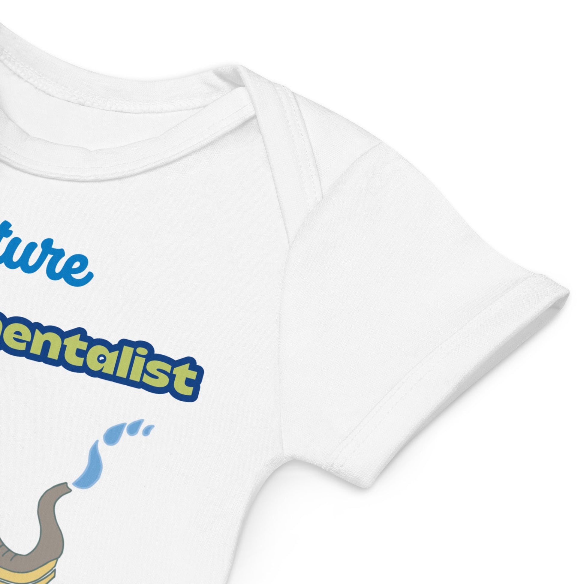 Soft, stretchy envelope neckline for easy dressing of white baby bodysuit by Anke Wonder.