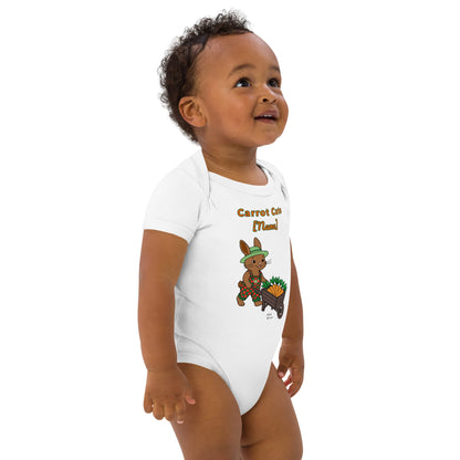 Baby wearing a white onesie with a bunny design and text on a white background