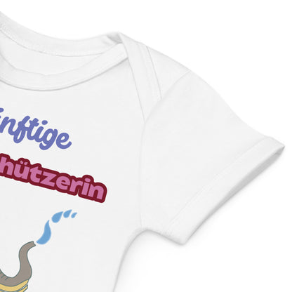 Soft and stretchy envelope neckline for easy dressing of white baby girl bodysuit with colorful text.