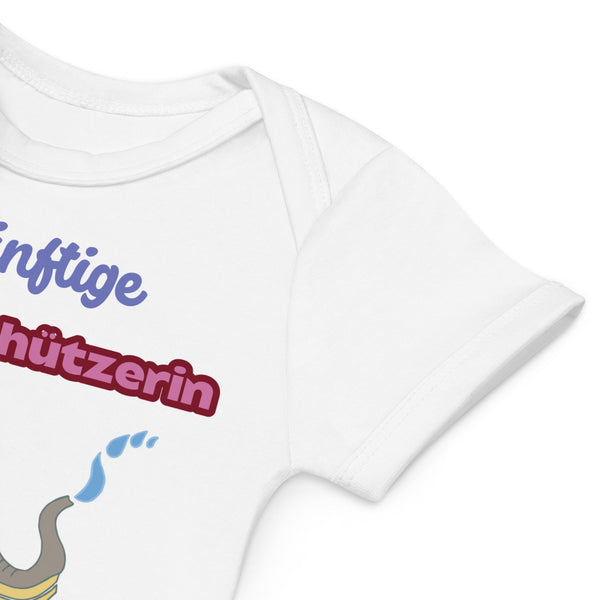 Soft and stretchy envelope neckline for easy dressing of white baby girl bodysuit with colorful text.