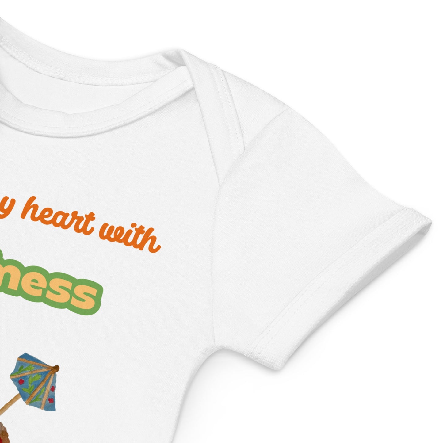 Envelope neck for easy dressing of white baby bodysuit with “You melt my heart with Happiness” and heart cone print.
