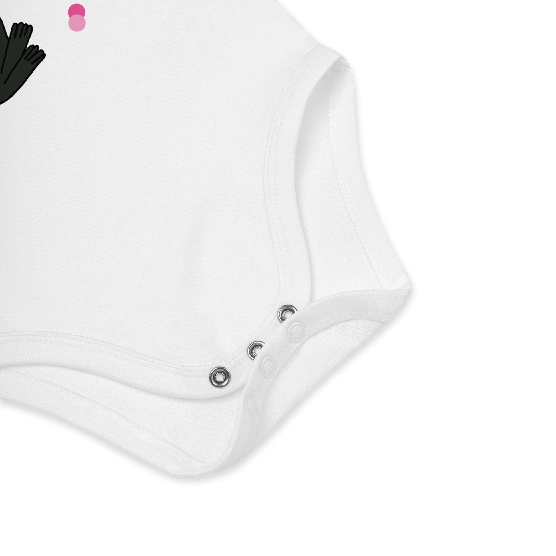 Detail of bottom snap closures made from nickel-free metal of white baby bodysuit bunny with rose and decorative pink dots around the “My First Rose for You” print.