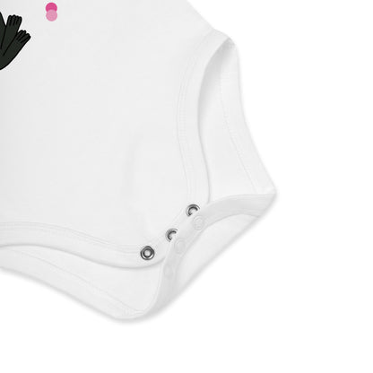 Detail of bottom snap closures made from nickel-free metal of white baby bodysuit bunny with rose and decorative pink dots around the “My First Rose for You” print.