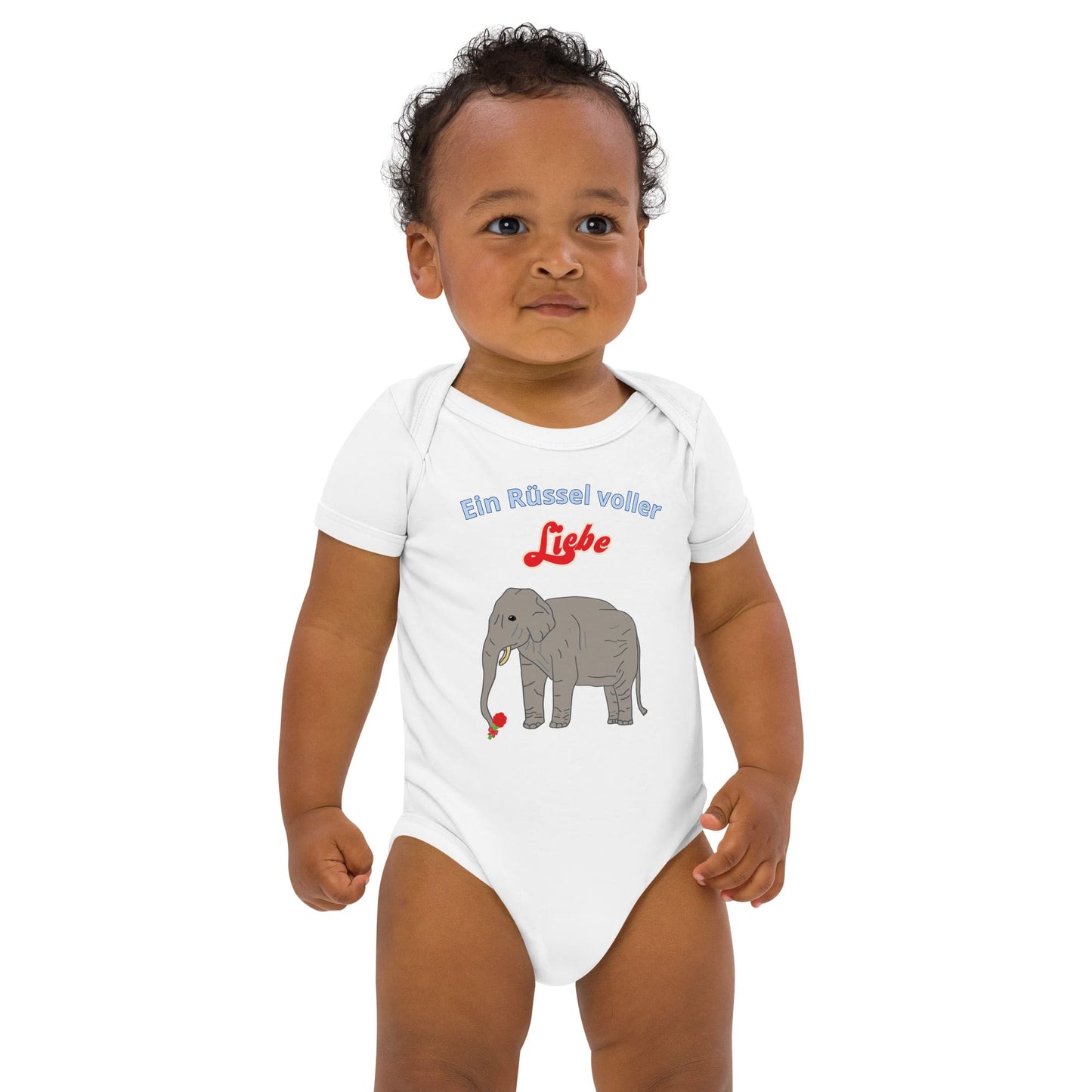 White baby bodysuit made from organic cotton featuring an elephant and German text 'Ein Rüssel voller Liebe'