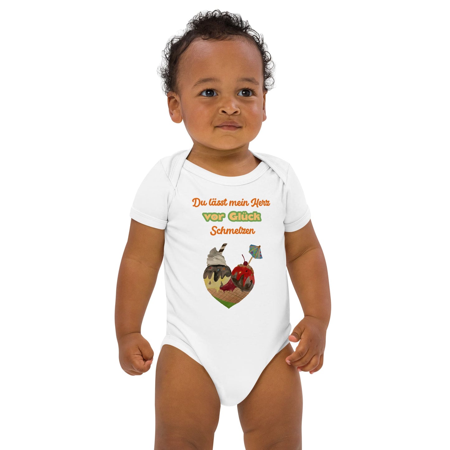 Baby boy wearing white organic bodysuit with colorful German quote 'Du lässt mein Herz vor Glück schmelzen' and ice cream cone heart.