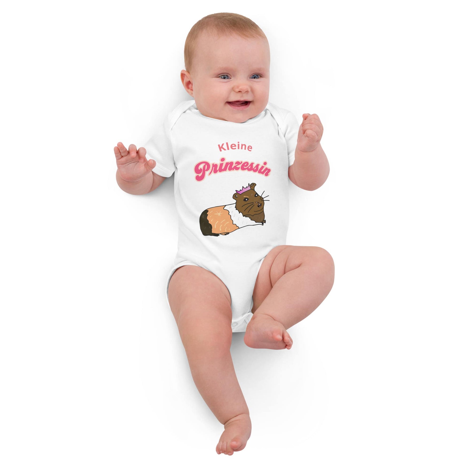 Guinea pig-themed baby bodysuit in white, featuring a hand-drawn illustration and fun pink German text 'Kleine Prinzessin'.