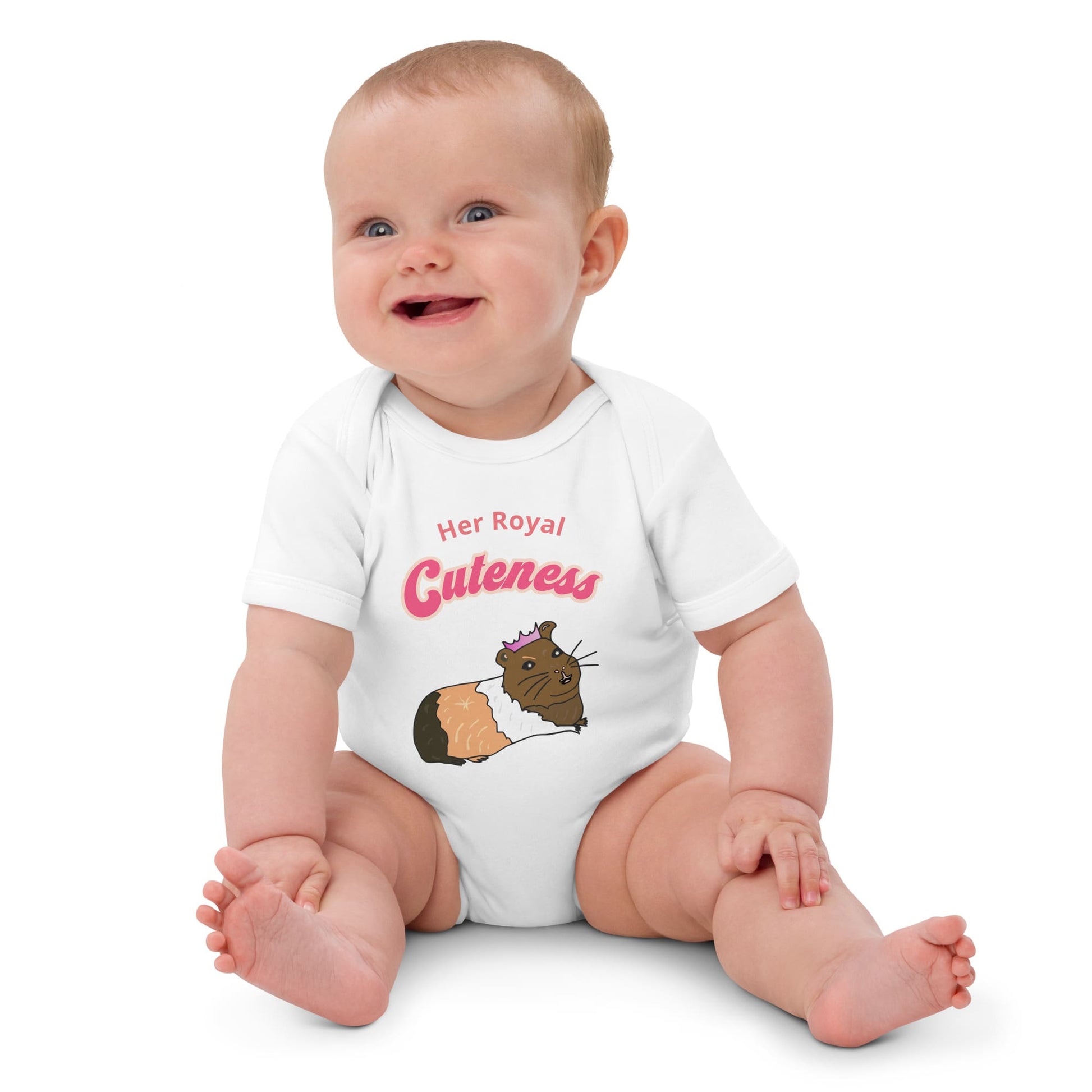 White baby bodysuit with a cute guinea pig wearing a crown and the phrase "Her Royal Cuteness.