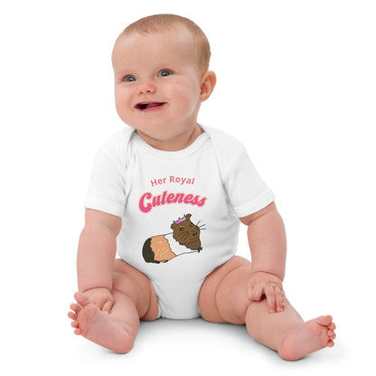 White baby bodysuit with a cute guinea pig wearing a crown and the phrase "Her Royal Cuteness.