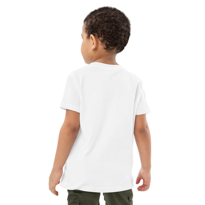 Back view of boy wearing a white t-shirt with playful elephant and baby design by Anke Wonder.