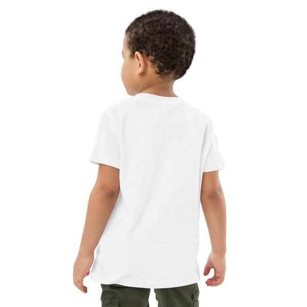 Back view of boy wearing a white t-shirt with playful elephant and baby design by Anke Wonder.