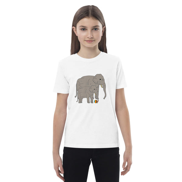 Front view of girl wearing a white t-shirt with elephant and baby design by Anke Wonder.