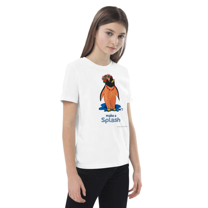 Young girl wearing a white t-shirt with a colorful penguin graphic and text 'make a splash' on a white background