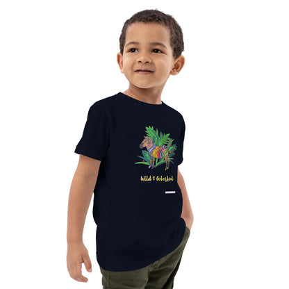 Boy wearing a black t-shirt with a colorful zebra design and text 'Colorful & Wild' on a white background