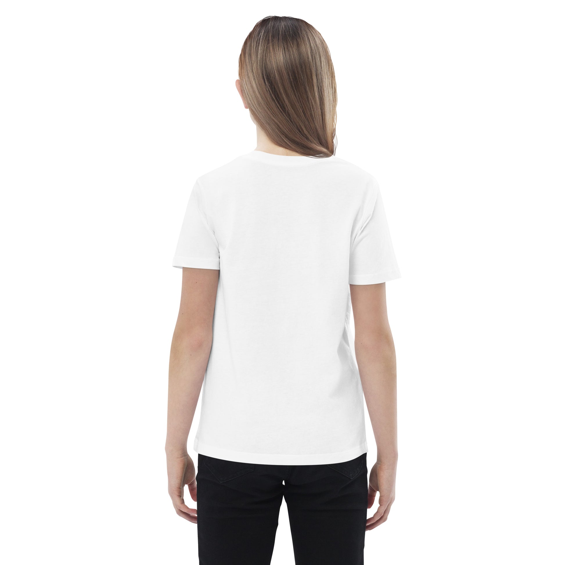 Girl wearing a plain white t-shirt on a white background.