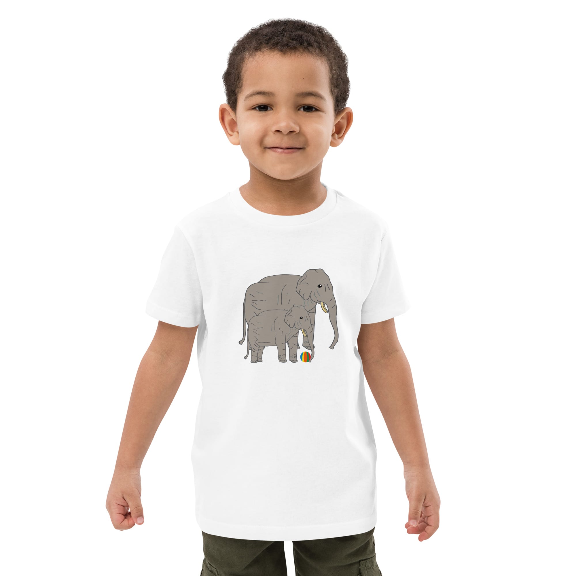 Front view of boy wearing a white t-shirt with playful elephant and baby design by Anke Wonder.