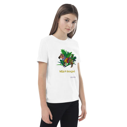 Young girl wearing a white t-shirt with a colorful zebra design and text 'Wild & Colorful' on a white background