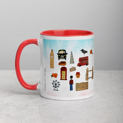 Left side view of ceramic mug showcasing London landmarks design with red handle and Big Ben illustration visible.