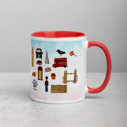 Right side view of ceramic mug displaying London icons design, including Tower Bridge and double-decker bus.