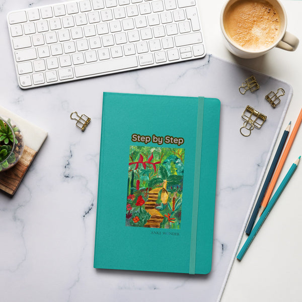 Teal notebook titled 'Step by Step' and a Tropical Artwork on a marble desk with office supplies and a cup of coffee.