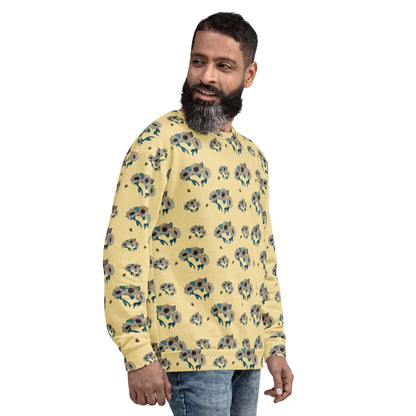 Man wearing a yellow floral-patterned sunflower and bee sweatshirt on a white background