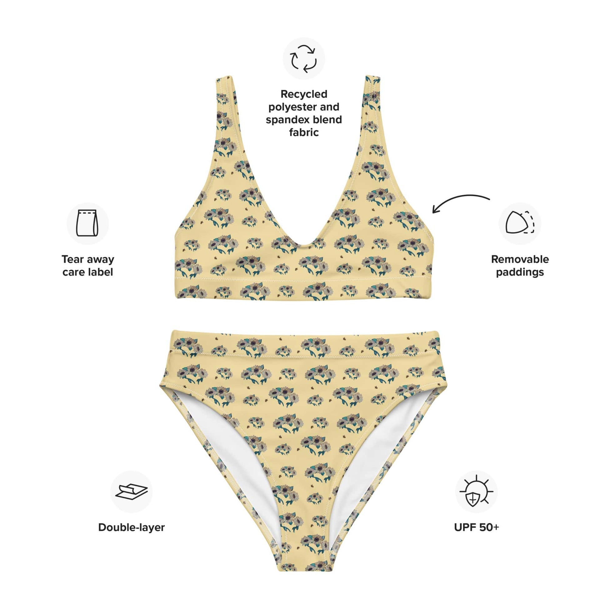 Yellow floral sunflower and bee bikini set with features highlighted on a white background