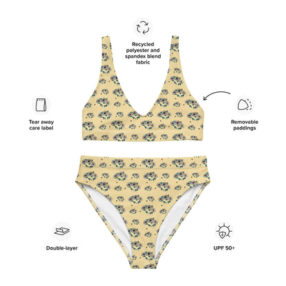 Yellow floral sunflower and bee bikini set with features highlighted on a white background