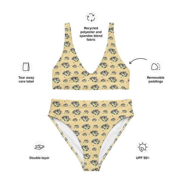 Yellow floral sunflower and bee bikini set with features highlighted on a white background