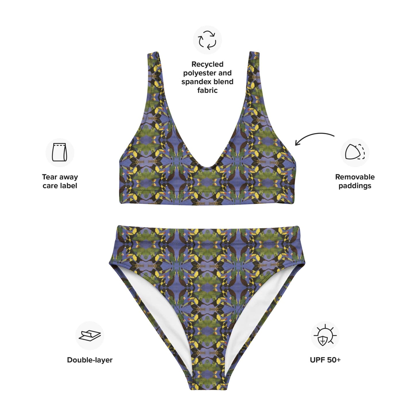 Flat lay of tropical bird bikini set showing vibrant mirrored bird pattern and structured cut, UPF protection, removable paddings and double layer.