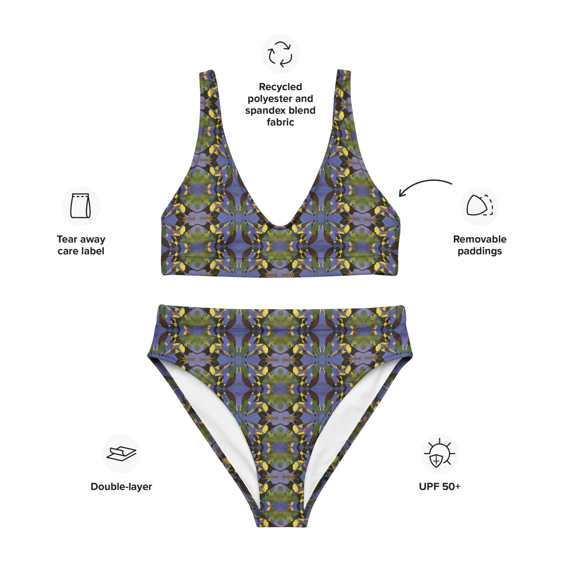 Flat lay of tropical bird bikini set showing vibrant mirrored bird pattern and structured cut, UPF protection, removable paddings and double layer.