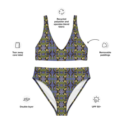 Flat lay of tropical bird bikini set showing vibrant mirrored bird pattern and structured cut, UPF protection, removable paddings and double layer.
