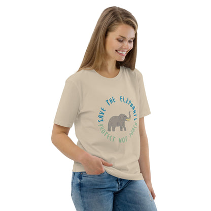 Woman wearing a desert dust sustainable t-shirt with a peaceful elephant drawing and text; right-angle front view.