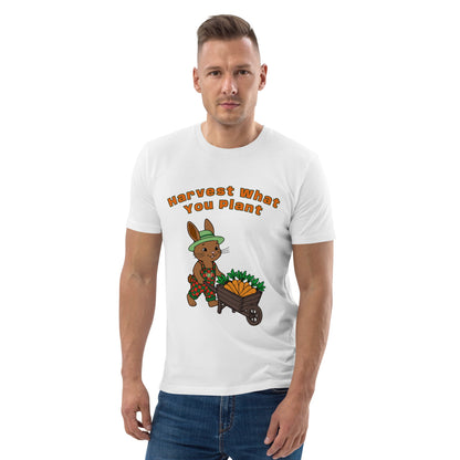 Man wearing a white t-shirt with a cartoon rabbit design and text on a white background