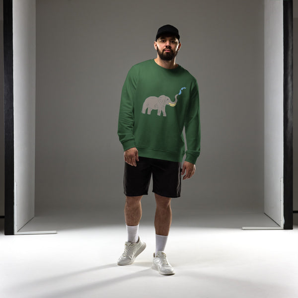 Front view of men's forest green sweatshirt showcasing the minimalist elephant design on the left chest with a simple, sketch-like style.