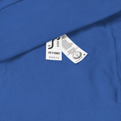 Blue organic cotton sweatshirt with a fabric label on a blue background